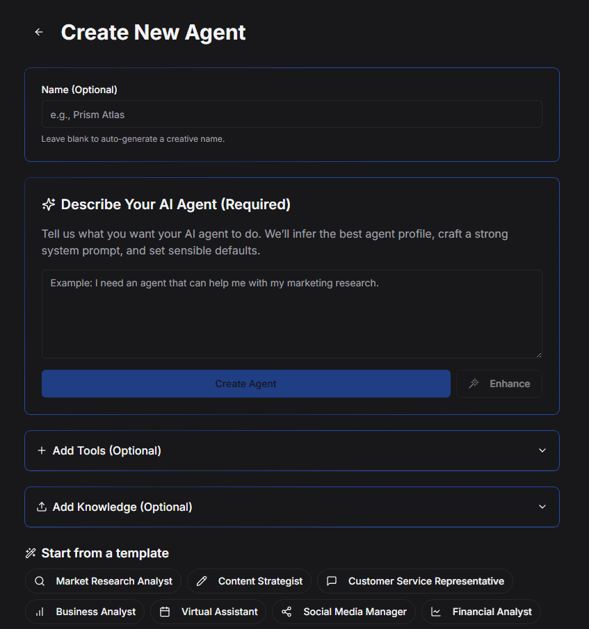 Create new agent button in AffinityBots