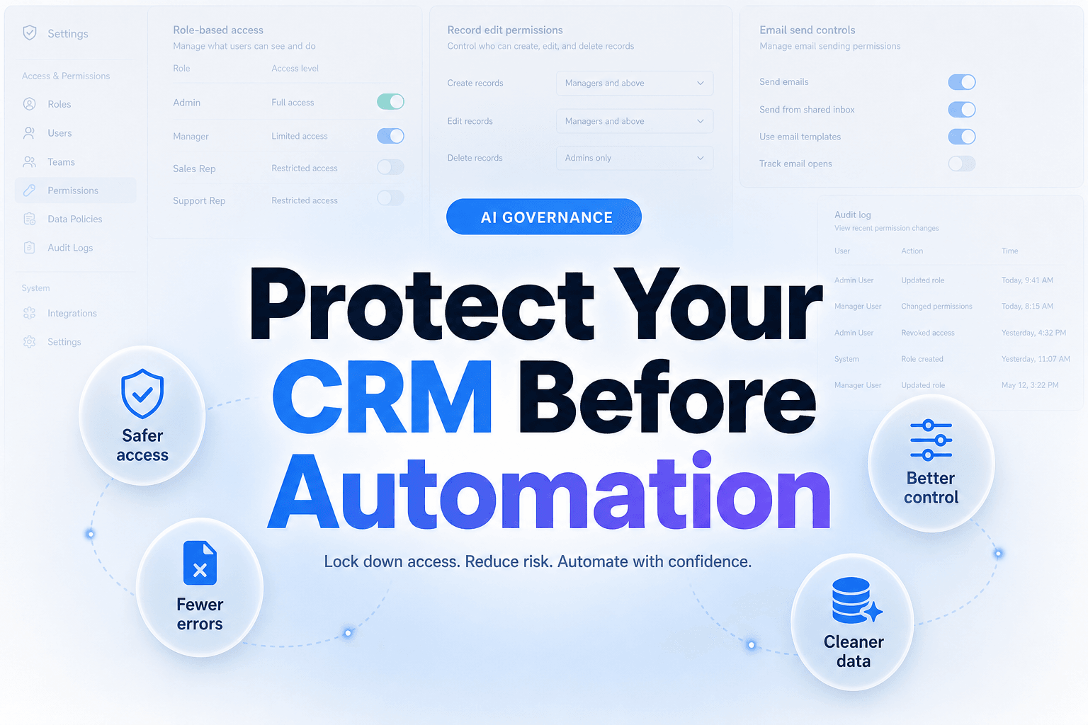 The cover image for a blog post features a clean, professional design with a soft white background and a subtle blue radial glow at the center. At the top, a pill-shaped badge reads 'AI GOVERNANCE.' Dominating the center is the bold headline 'Protect Your CRM Before Automation' in large, clear font. Surrounding the headline are benefit circles that highlight key points related to CRM and AI governance, all presented in a cohesive color palette with consistent typography.