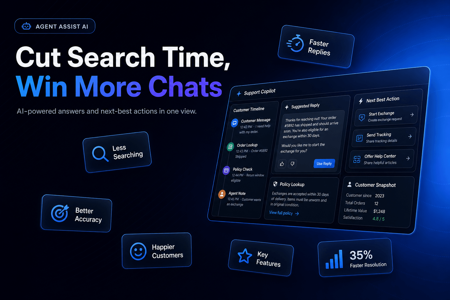 The cover image features a dark navy-charcoal background with a subtle diagonal line texture. In the top-left corner, a small pill badge reads 'AGENT ASSIST AI.' Dominating the image is the bold headline 'Cut Search Time, Win More Chats' in heavy sans-serif font. Scattered across the canvas are feature cards with icons representing efficiency and communication, all using a cohesive blue accent color. The overall mood is professional and modern, designed to attract readers to the blog post about agent assist copilots for faster customer support.