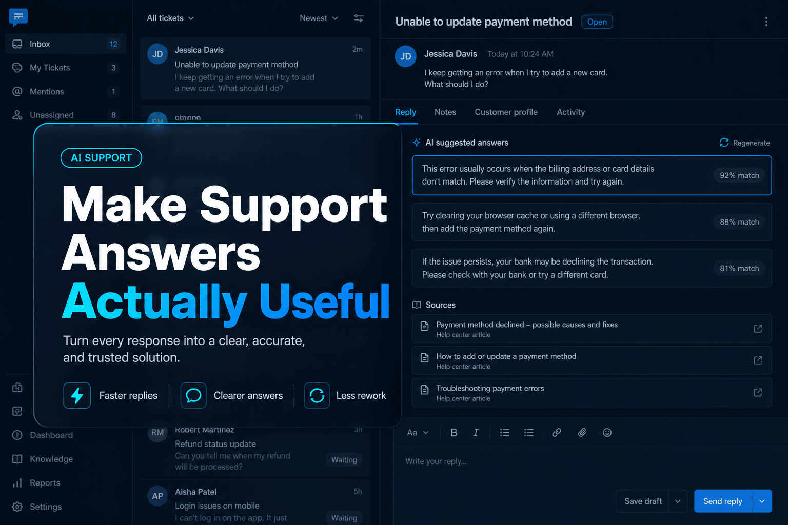 A support agent interface using knowledge base content to answer customer questions clearly and accurately.