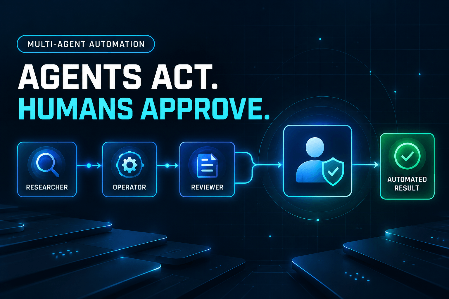 A high-contrast AffinityBots blog cover for human-in-the-loop multi-agent workflows, showing three glowing AI agent cards labeled Researcher, Operator, and Reviewer connected to a human approval checkpoint and a green automated-result card on a dark navy background. Bold text reads: Agents Act. Humans Approve.