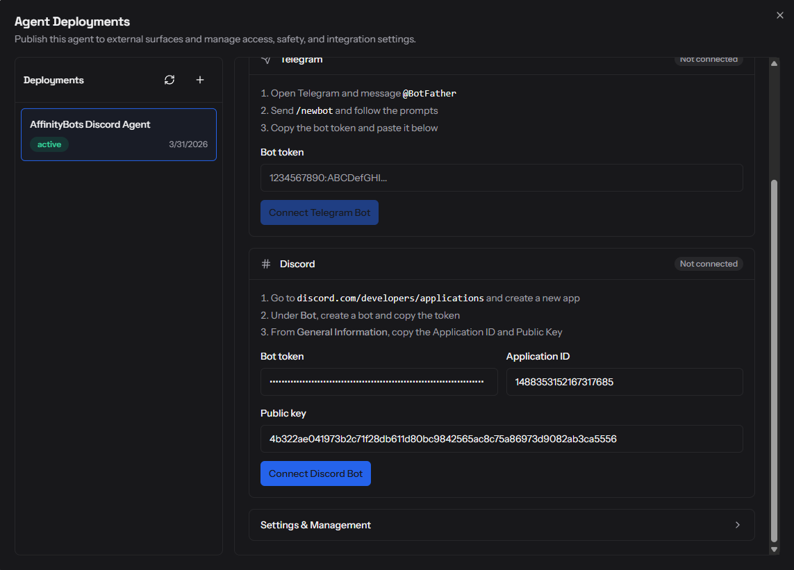 Deployment dialog open on the Discord tab with the three credential fields filled in
