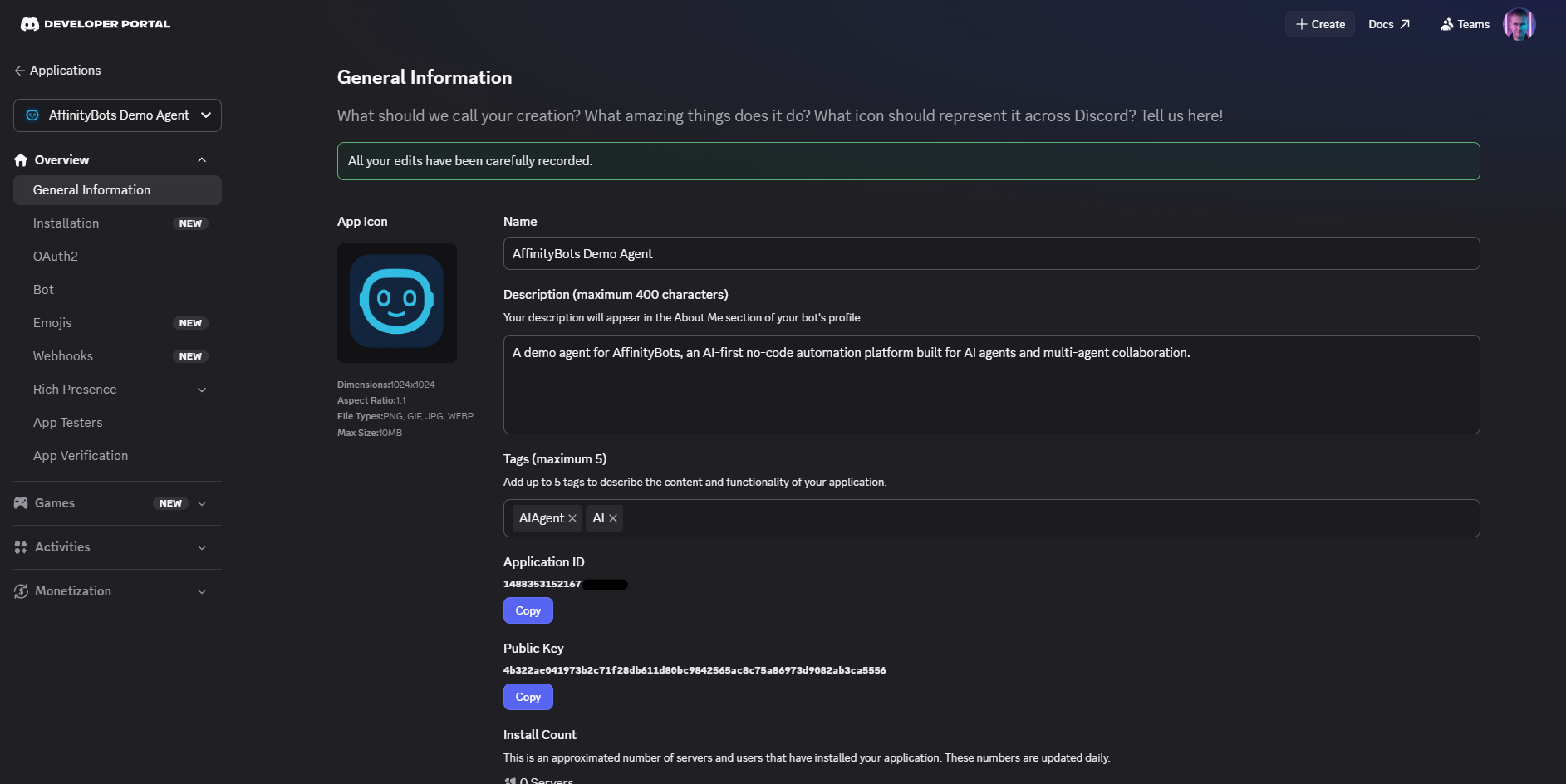 Discord developer portal showing the General Information tab with Application ID and Public Key highlighted