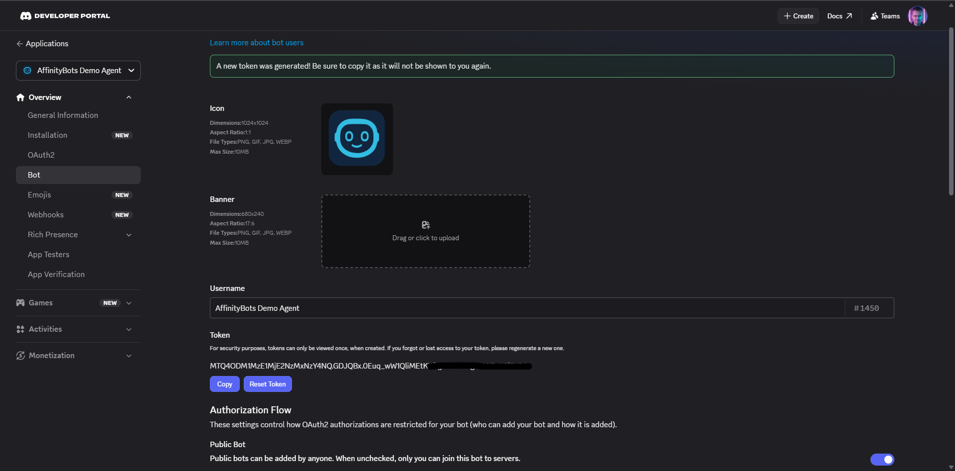 Discord Bot settings page with the token copy button highlighted