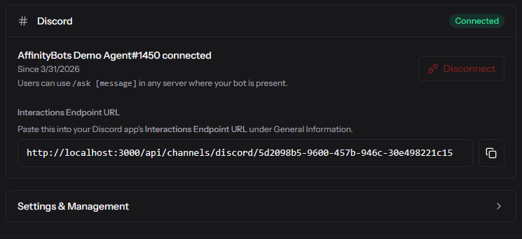 Discord tab in the connected state showing the Interactions Endpoint URL with a copy button