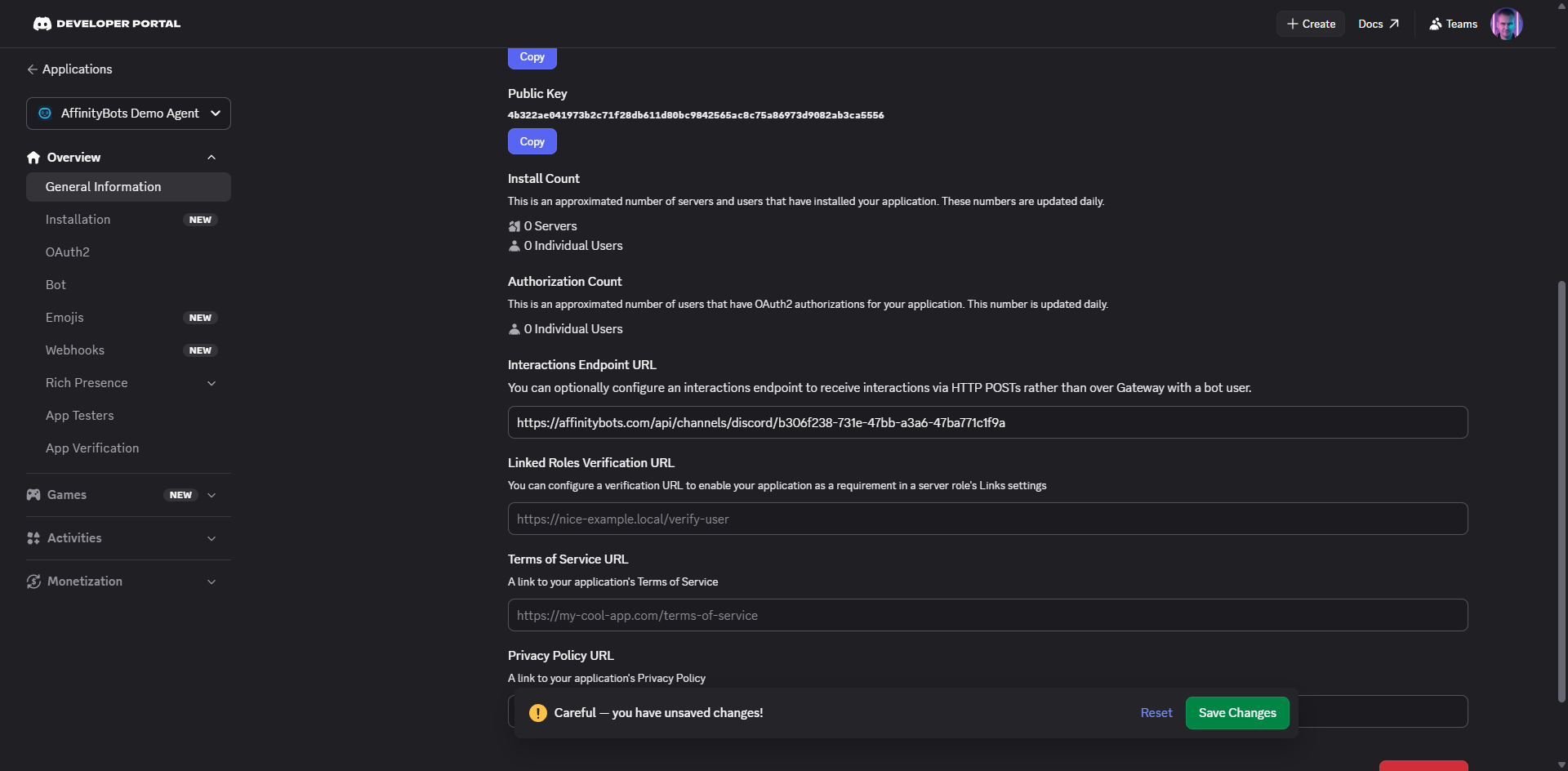 Discord General Information page with the Interactions Endpoint URL field filled in and Save Changes highlighted